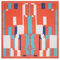 60x60cm geometrisches Seidentuch mit orangefarbenem und blauem Patchwork-Muster - Quadratisch / Orange