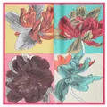 Floral print square silk scarf with four-panel color-block design and pink hem - Rose Red Border