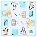 Seidiges quadratisches Halstuch 53x53cm mit Handtaschen- und Lippenstift-Print auf Karomuster - 53cm / Himmelblau