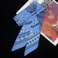 Blue leopard print silk scarf with stars and flowers for handbags or hair decoration - C134-4 (Sky Blue)