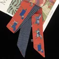 Double-sided twilly scarf with horse harness patterns and classic blue grid design - Navy Blue Plaid Horse Print / Brick Red (C139-3)