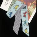 Sky blue twilly silk scarf with horse print and purple checkered pattern on dark background - Purple Plaid Horse Print / Light Blue (C139-2)