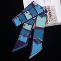 Satin silk scarf for handbags featuring geometric patterns and elegant color blocks - Dark Purple Klein Blue (C137-3)