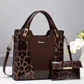 Leopard print crossbody tote set with patent leather finish and gold metal hardware - Large / Leopard Coffee