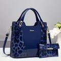 Blue leopard print tote bag and wallet set in glossy patent leather with gold hardware - 29.5*11*27CM / Sapphire Blue