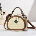 Mini semicircular woven handbag with brown leather trim and cat metal charm - 20cmx8cmx15cm / Cat White