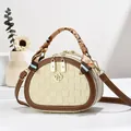 Chic beige woven mini bag with brown leather trim and silk scarf handle detail - 20cmx8cmx15cm / Small Flower White