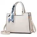 Cream beige leather handbag with printed silk scarf handle and gold hardware detail - Off White