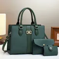 Detailed view of dark green woven tote set with gold metal buckle and leather strap - Handbag, Clutch And Card Holder / Medium / Green