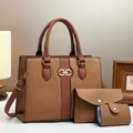 Brown 3-piece woven texture handbag set with tote, wallet, and card holder - Handbag, Clutch And Card Holder / Medium / Earthy Yellow