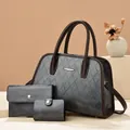 Three-piece retro tote bag set including wallet and card holder with quilted texture - Gray