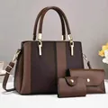 Ensemble trois pièces avec sac cabas en toile rayée marron, portefeuille et porte-cartes - Style à Rayures Café Foncé et Clair (Style 5)