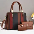 Set borse tote da donna in tela a righe color-block con pochette e portafoglio - Stile a Righe Rosso Nero e Marrone (Stile 2)