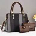 Set borse 3 pezzi in tela a righe con spalline in pelle marrone e dettagli dorati - Stile a Righe Nero e Grigio (Stile 1)