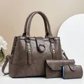 Three-piece vintage brown PU leather tote bag set with shoulder strap and small pouches - Coffee