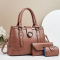 Three-piece vintage brown leather bag set with large tote and ring buckle detail - Pink