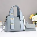 Blue patchwork large tote bag set with matching wallet and golden hardware details - Handbag and Wallet / Blue