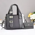 Gray and white patchwork tote bag with matching wallet and golden metal buckles - Handbag and Wallet / Gray