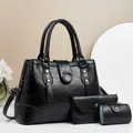 Ensemble de 3 sacs à main en cuir noir à texture litchi avec accessoires en argent - Noir