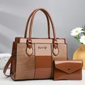 Three-piece brown crocodile texture handbag set with tote and crossbody shoulder bags - 31x13x23cm / Khaki