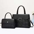 Detail of black tote set featuring smooth leather and crocodile texture with metal buckle - Black