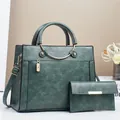 Dark green leather tote bag with matching wallet, gold hardware, and top handles - Green / L28 W11 H22