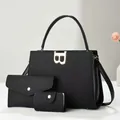 Black three-piece handbag set with crocodile pattern and golden B metal buckle hardware - Black