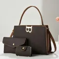 Three-piece brown woven texture tote bag set with a gold metal B buckle and wallet - Brown