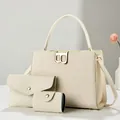 Detailed set of 3 beige woven handbags including tote and wallet with gold B logo - Off White