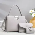 Three-piece grey litchi texture bag set with metal B-logo and adjustable strap - Gray