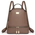 Stylish brown PU leather women's backpack with lychee texture and gold metal zippers - 24x12x28cm / Khaki