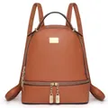 Stylish brown pebble grain PU leather backpack with gold zippers and dual compartments - 24x12x28cm / Khaki/Earth Yellow
