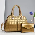 Golden patent leather hobo tote bag and pouch set with quilted diamond pattern - Gold