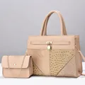 Beige embossed patchwork handbag set with snakeskin texture and chain strap - Khaki