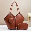 Three-piece set of caramel vintage leather tote bag with round coin purse and clutch bag - Three-Piece Set / Earthy Yellow