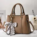 Brown lychee leather handbag for women with plaid bow scarf and gold hardware accessories - Khaki