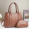 Retro brown leather tote bag with matching pouch and adjustable strap for women - Pink