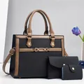 Women's 3-piece bag set featuring black pleated texture and brown contrast stitching - 28x11x21cm / Black