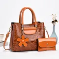 Détail du sac seau orange à motif crocodile avec son portefeuille assorti et son charme floral - Orange & Jaune