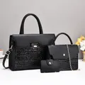 Black PU leather 3-piece bag set with tote, chain crossbody, and wallet in crocodile texture - 3-Piece Set (Large Bag 30x11x21cm) / Black