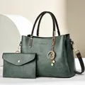 Vintage dark green leather tote bag set with textured finish and fashion pendant - Green