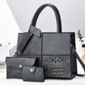 Three-piece black set featuring crocodile texture tote bag, wallet, and card holder - 30x12x23cm / Crocodile Pattern Patchwork Tote Handbag And Purse And Card Holder / Gray