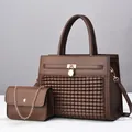 Ensemble sac à main cabas marron tissé 2 pièces pour femme avec mini sac à bandoulière - Sac fourre-tout et sac à chaîne / Café