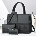 Black three-piece bag set with crocodile texture tote, clutch and coin purse - 30x12x23cm / Crocodile Pattern Patchwork Tote Handbag And Purse And Card Holder / Black