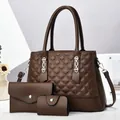 3-piece dark brown quilted tote bag set with matching clutch and coin purse - Tote Bag, Envelope Wallet And Card Case Set / Coffee