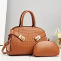 Brown crocodile embossed tote bag set with golden hardware and matching coin purse - Earthy Yellow