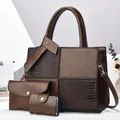 Three-piece brown leather handbag set with croc-embossed stitching and tote design - Tote Clutch and Card Holder / Coffee