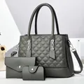 Three-piece dark grey quilted handbag set with rhombus pattern and silver hardware - Tote Bag, Envelope Wallet And Card Case Set / Gray