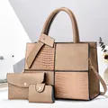 Three-piece khaki tote bag set with crocodile pattern splicing and gold hardware - Tote Clutch and Card Holder / Khaki