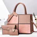 Three-piece handbag set in pink and brown faux leather with crocodile texture and gold hardware - 30x12x23cm / Crocodile Pattern Patchwork Tote Handbag And Purse And Card Holder / Pink